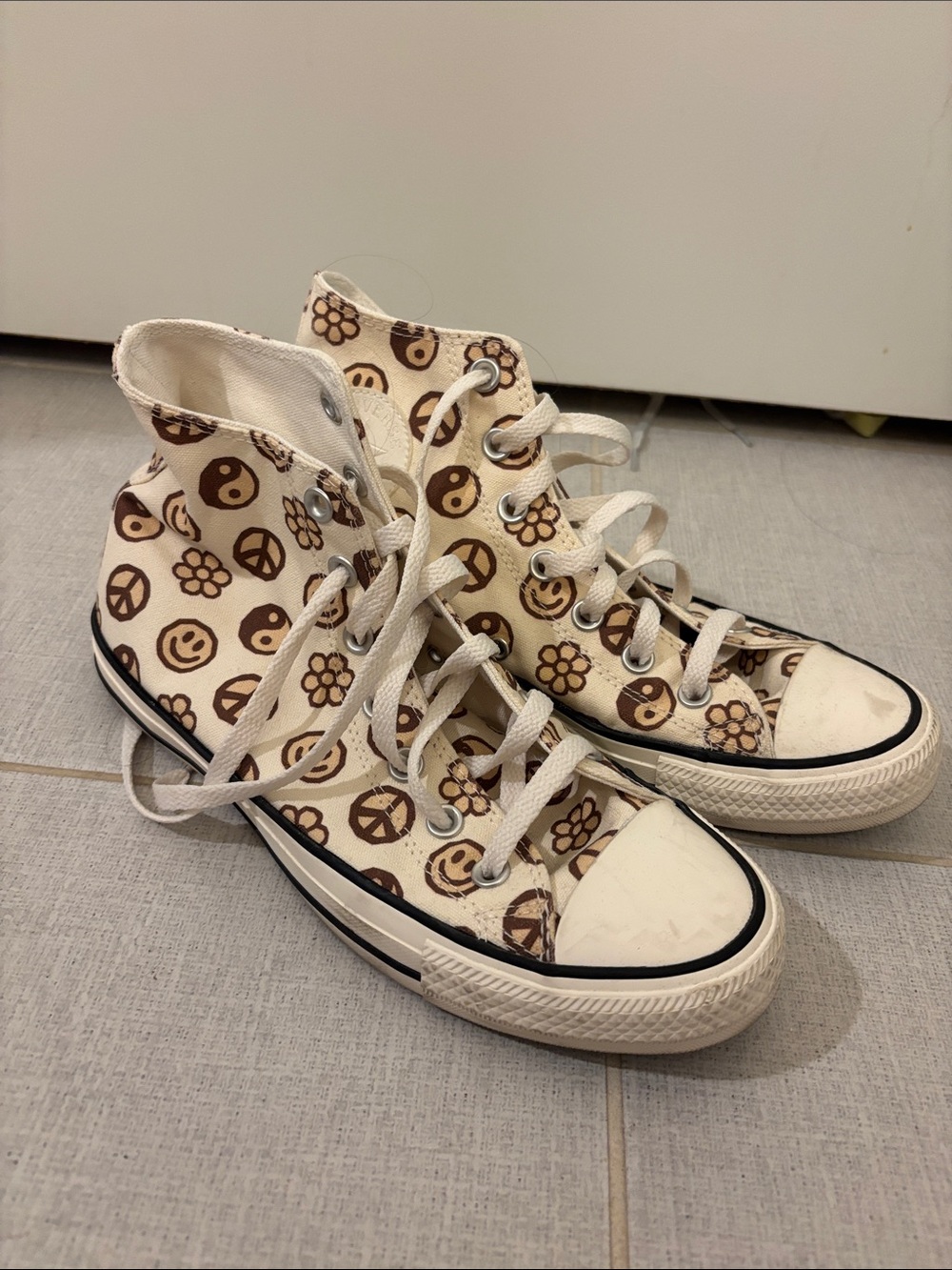 Converse High-Top Sneakers in Cream and Brown Floral & Peace Print